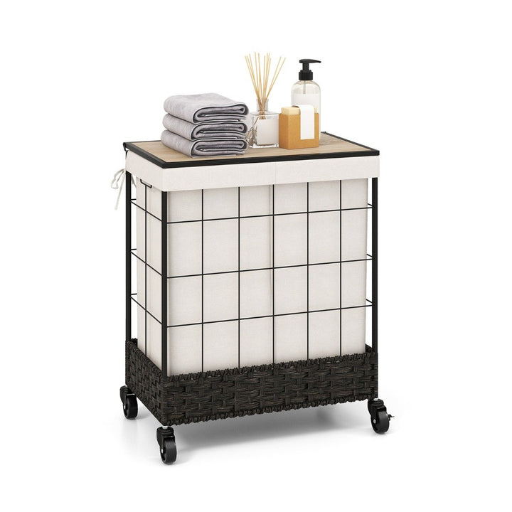 110L Large Capacity Handwoven Rattan Laundry Basket with Lid and Lockable Wheels-Black - TidySpaces