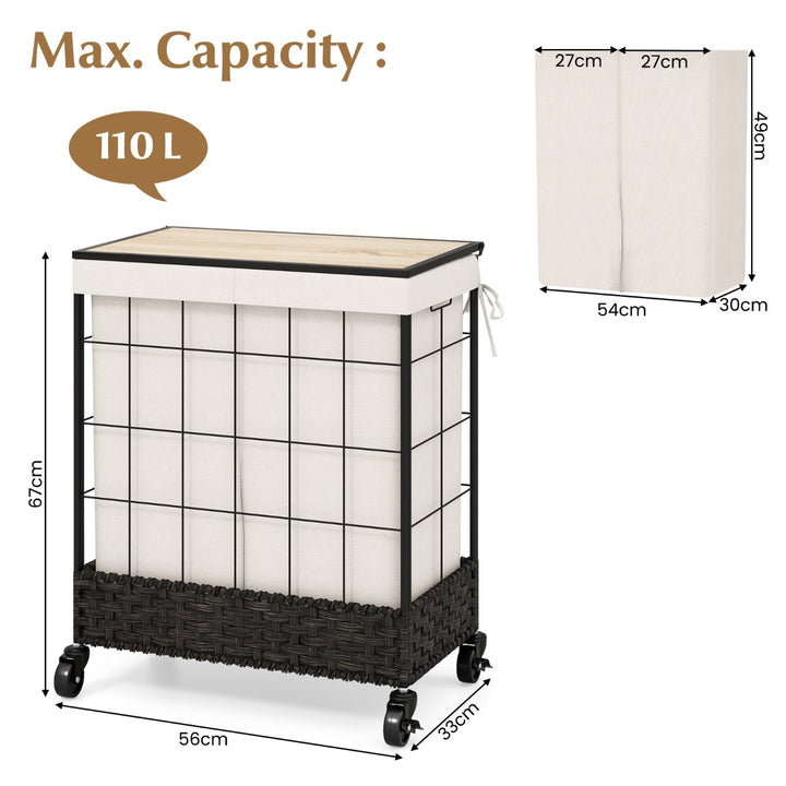 110L Large Capacity Handwoven Rattan Laundry Basket with Lid and Lockable Wheels-Black - TidySpaces