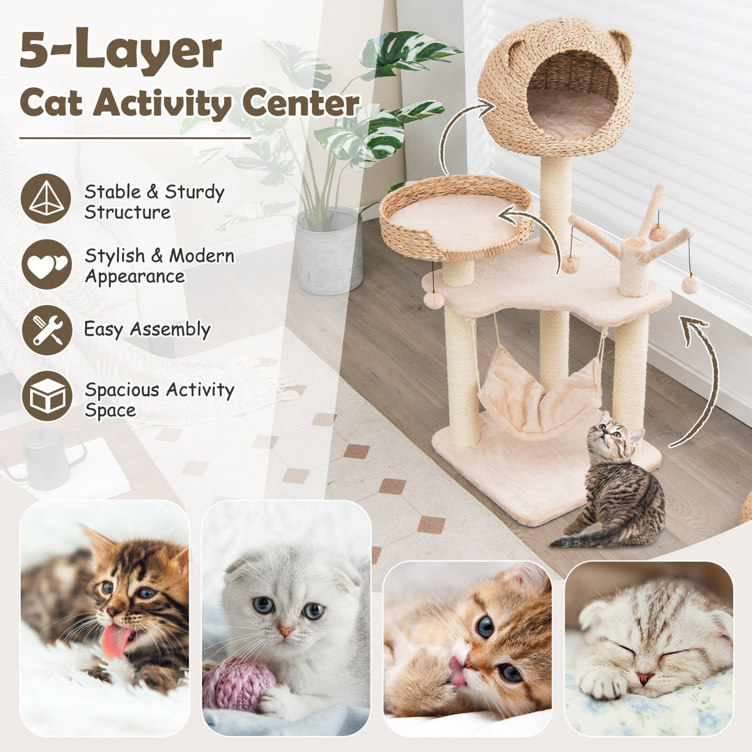 121 CM Tall Cat Tree Tower with Cattail Fluff Cat Condo-Natural - TidySpaces