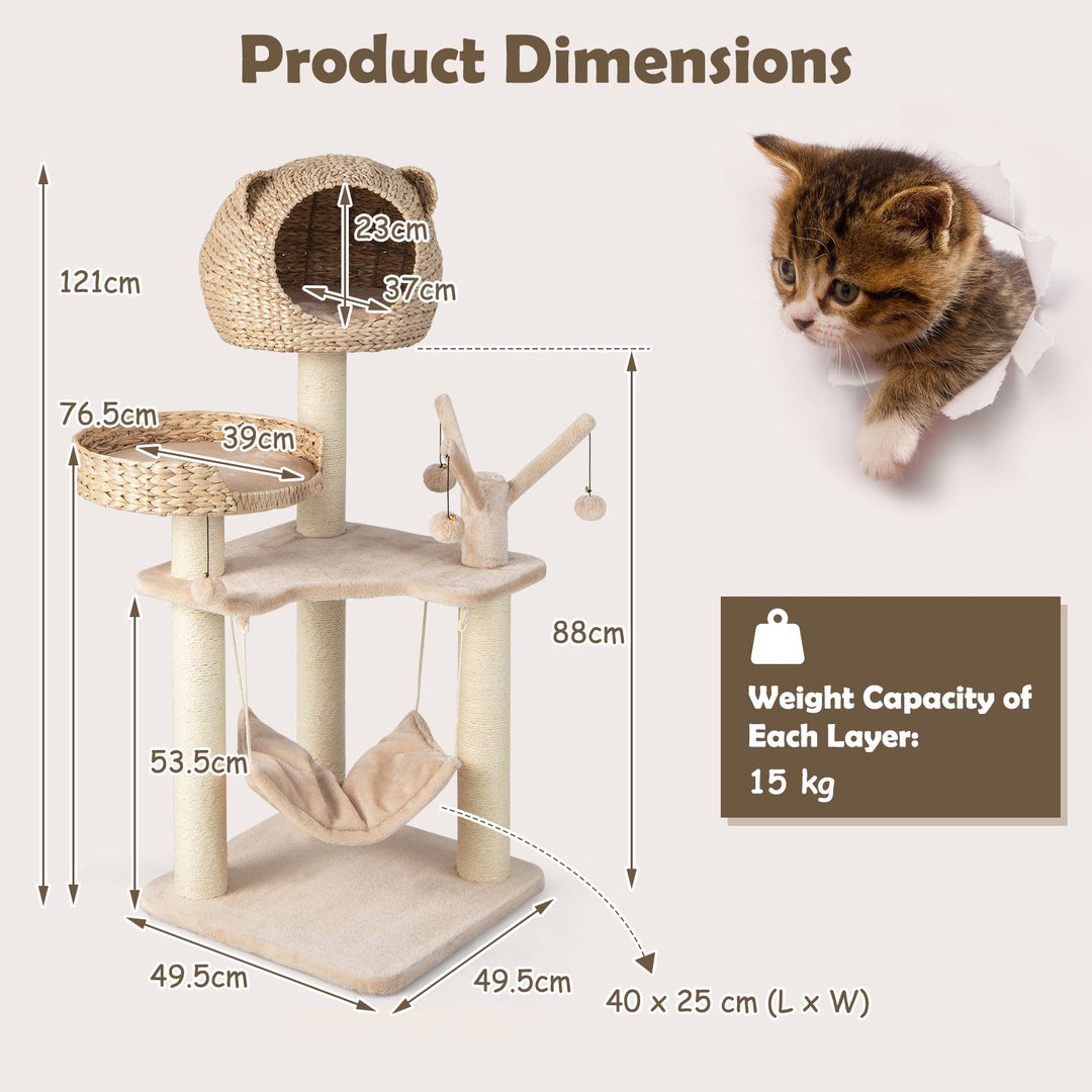 121 CM Tall Cat Tree Tower with Cattail Fluff Cat Condo-Natural - TidySpaces