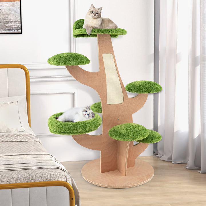 128 cm Pine Shape Cat Tree Cute Multi-level Cat Tower with Sisal Scratching Board-Green - TidySpaces