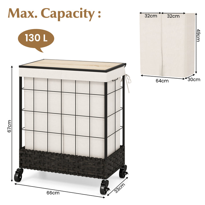 130L Handwoven Rattan Laundry Hamper with Lid and Lockable Wheels-Black - TidySpaces