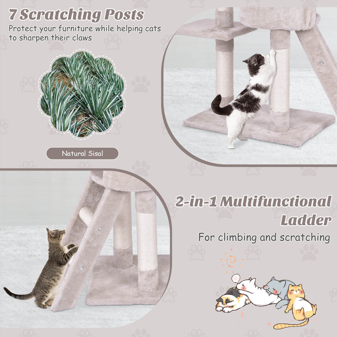 140cm Cat Tree Climbing Tower with Scratching Sisal Posts-Beige - TidySpaces