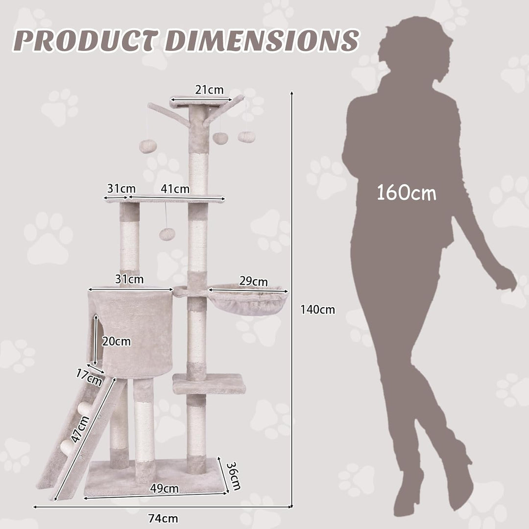 140cm Cat Tree Climbing Tower with Scratching Sisal Posts-Beige - TidySpaces