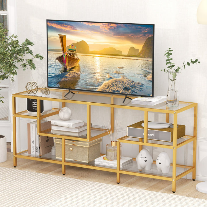 147cm TV Console Table with Tempered Glass Shelves-Golden - TidySpaces