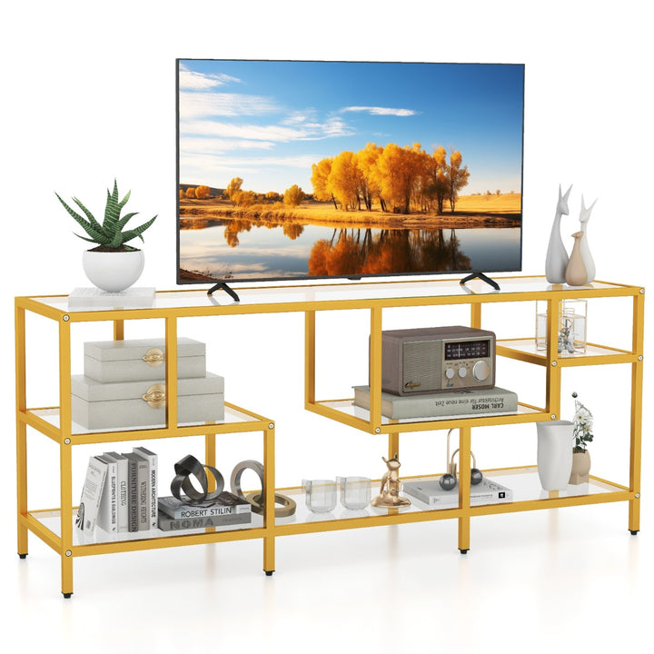 147cm TV Console Table with Tempered Glass Shelves-Golden - TidySpaces