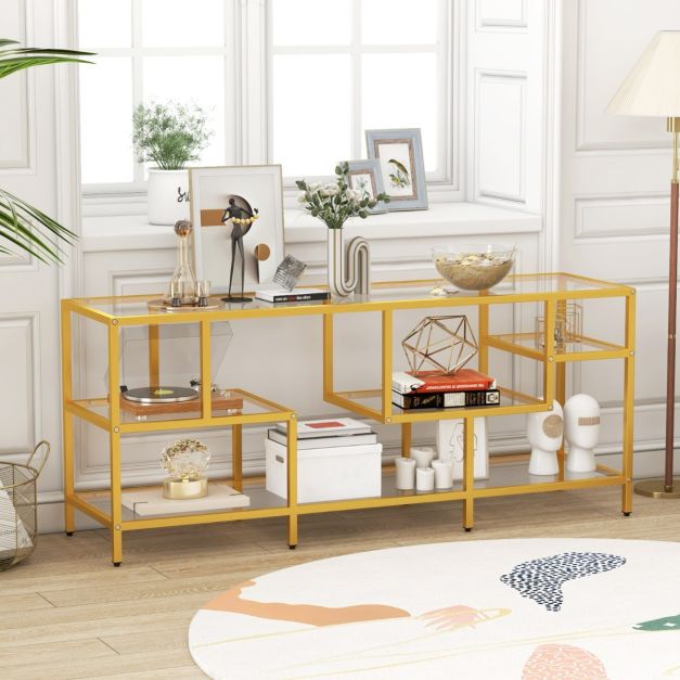 147cm TV Console Table with Tempered Glass Shelves-Golden - TidySpaces