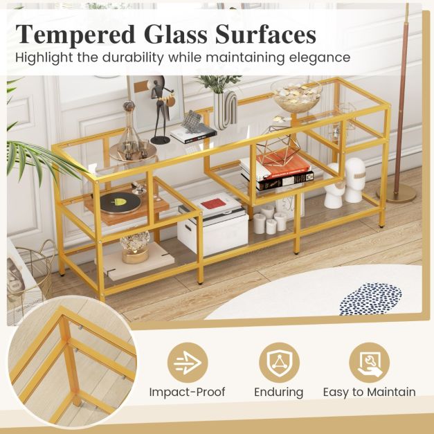 147cm TV Console Table with Tempered Glass Shelves-Golden - TidySpaces