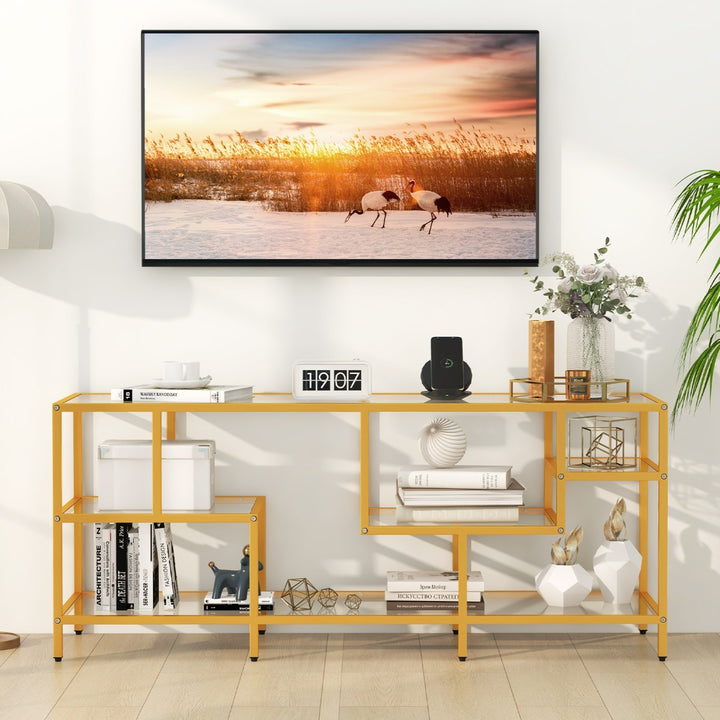 147cm TV Console Table with Tempered Glass Shelves-Golden - TidySpaces