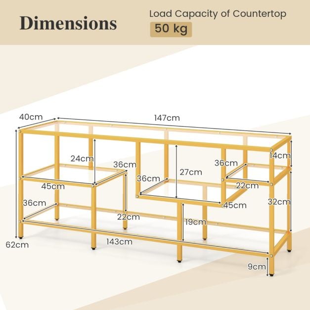 147cm TV Console Table with Tempered Glass Shelves-Golden - TidySpaces