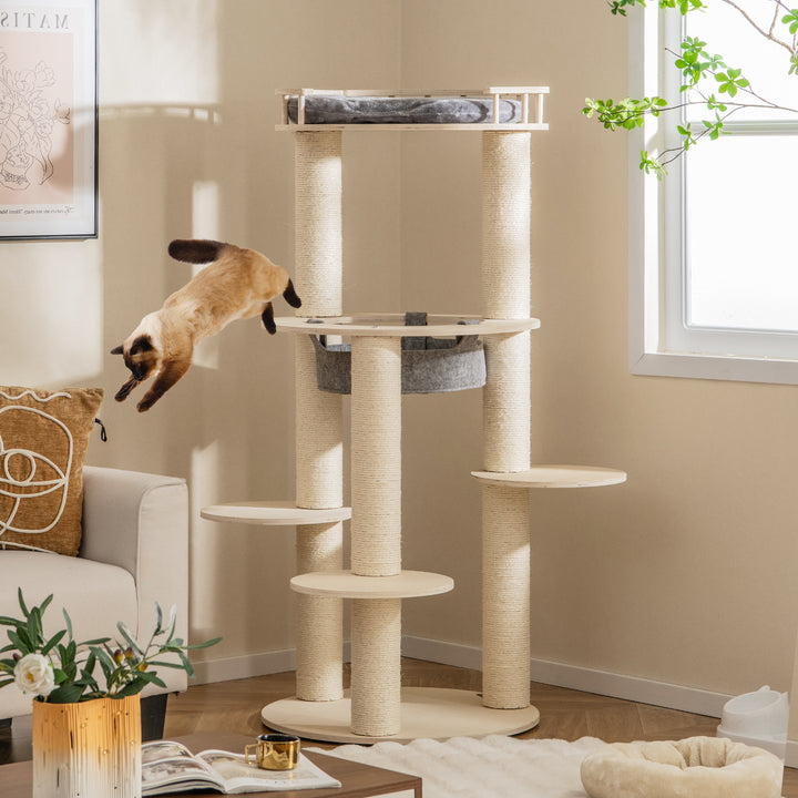 150CM Wooden Multi-Level Cat Tree with Top Perch and Hammock-Grey - TidySpaces