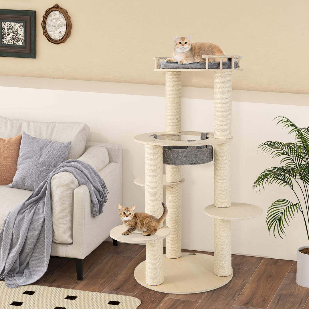 150CM Wooden Multi-Level Cat Tree with Top Perch and Hammock-Grey - TidySpaces