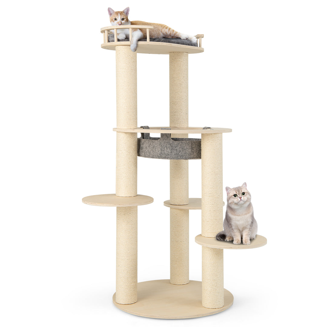 150CM Wooden Multi-Level Cat Tree with Top Perch and Hammock-Grey - TidySpaces