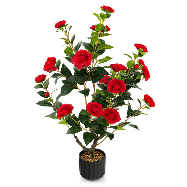 95cm Artificial Camellia Tree with Flowers and Rain-Flower Pebbles Red-1 Piece - TidySpaces