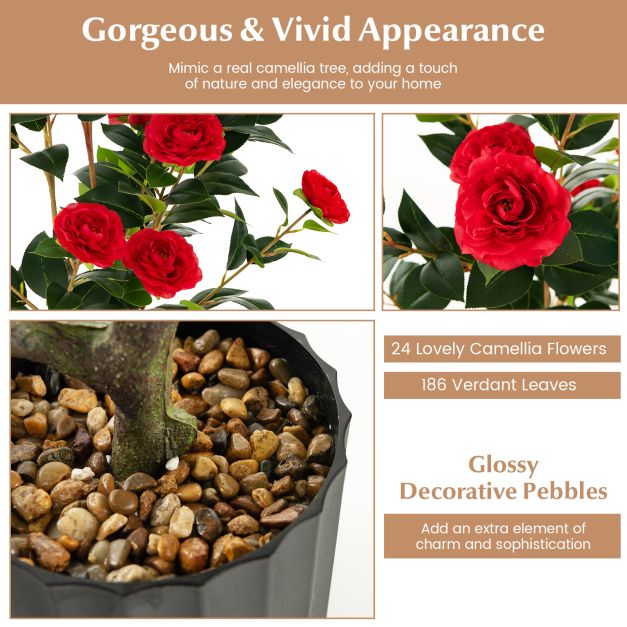 95cm Artificial Camellia Tree with Flowers and Rain-Flower Pebbles - TidySpaces