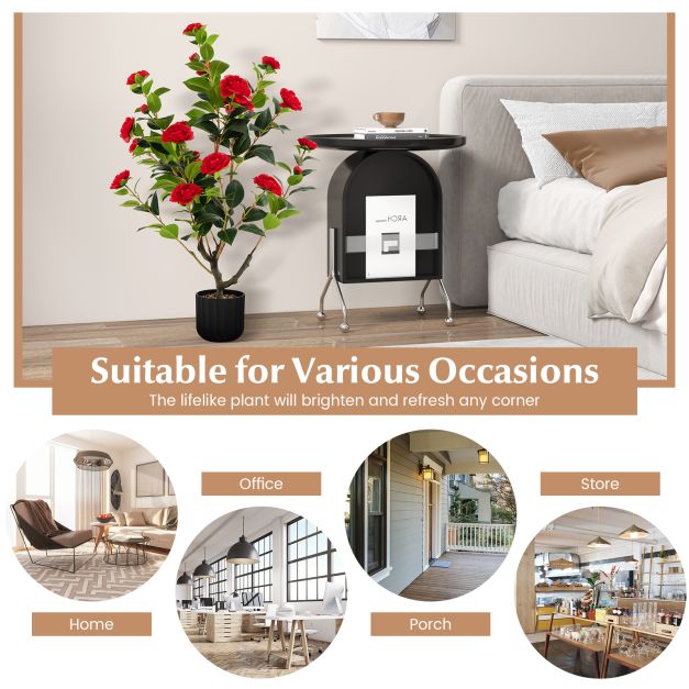 95cm Artificial Camellia Tree with Flowers and Rain-Flower Pebbles - TidySpaces