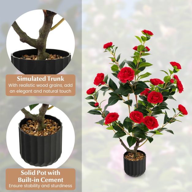 95cm Artificial Camellia Tree with Flowers and Rain-Flower Pebbles - TidySpaces