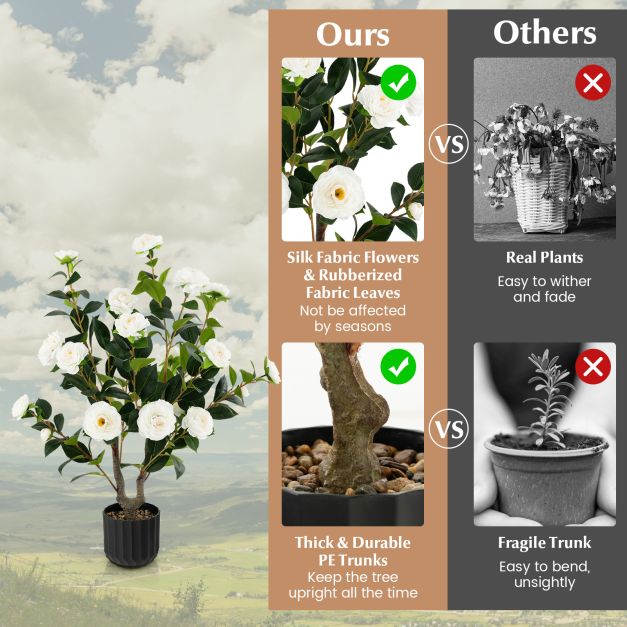 95cm Artificial Camellia Tree with Flowers and Rain-Flower Pebbles - TidySpaces