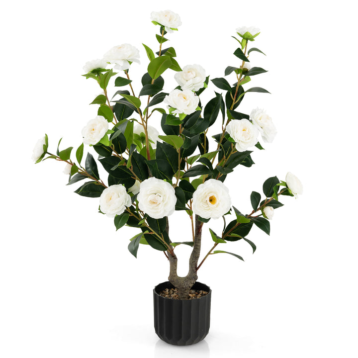 95cm Artificial Camellia Tree with Flowers and Rain-Flower Pebbles White-1 Piece - TidySpaces