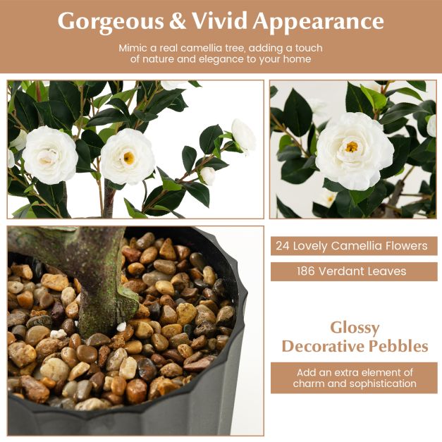 95cm Artificial Camellia Tree with Flowers and Rain-Flower Pebbles - TidySpaces