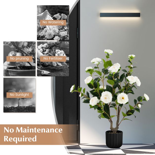 95cm Artificial Camellia Tree with Flowers and Rain-Flower Pebbles - TidySpaces