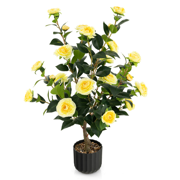 95cm Artificial Camellia Tree with Flowers and Rain-Flower Pebbles Yellow-1 Piece - TidySpaces