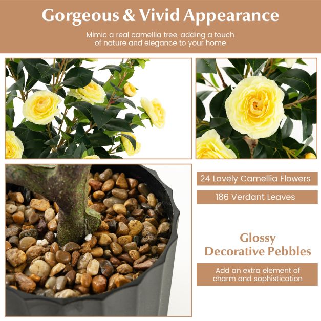 95cm Artificial Camellia Tree with Flowers and Rain-Flower Pebbles - TidySpaces
