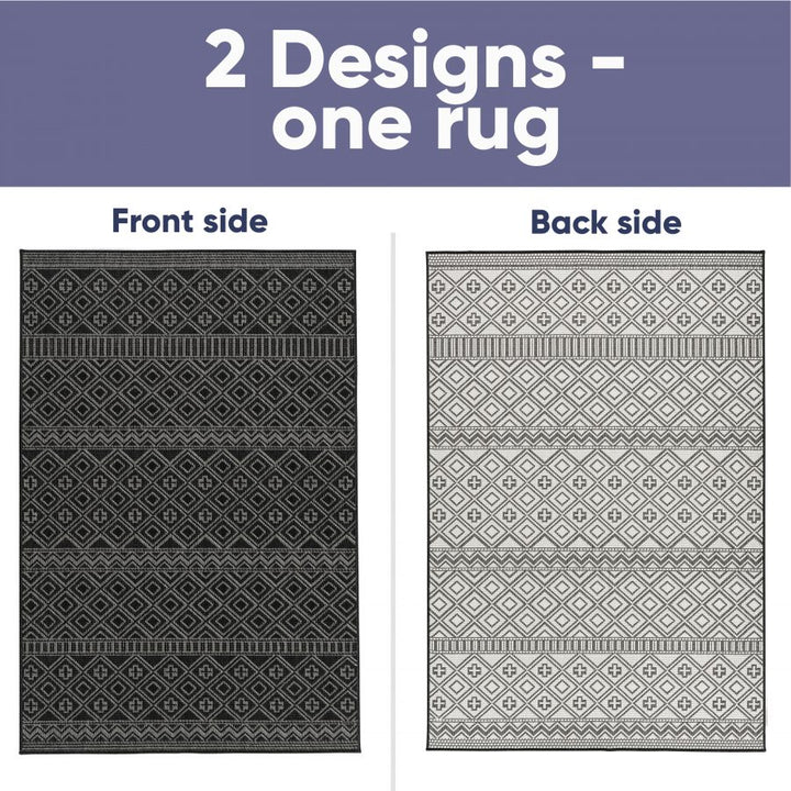Outdoor Indoor Rug Black White Cream Reversible Quality Mat Diamond Geometric Design - TidySpaces