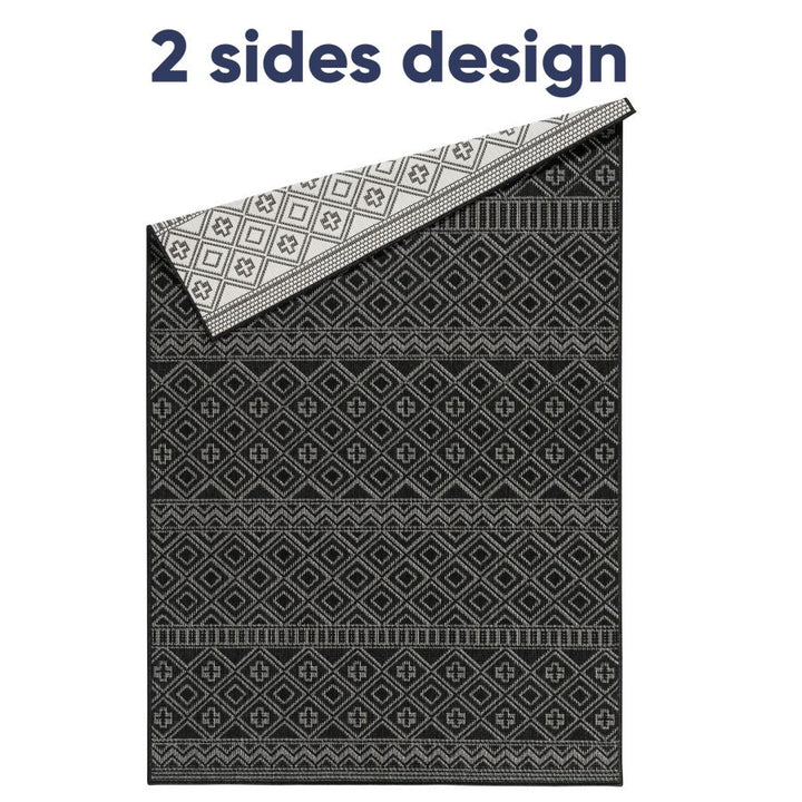 Outdoor Indoor Rug Black White Cream Reversible Quality Mat Diamond Geometric Design - TidySpaces