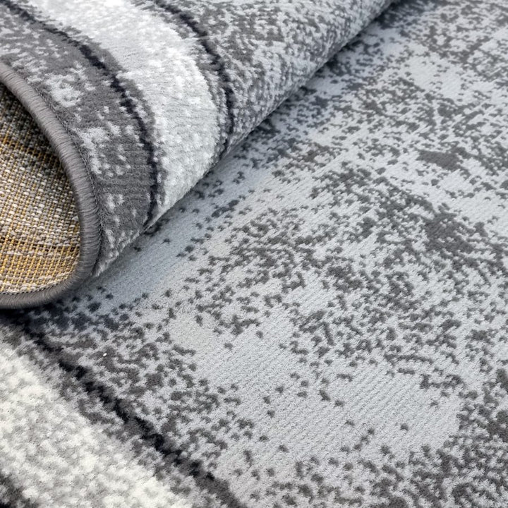 Grey Geometric Rug Bordered Pattern Soft Carpet - TidySpaces