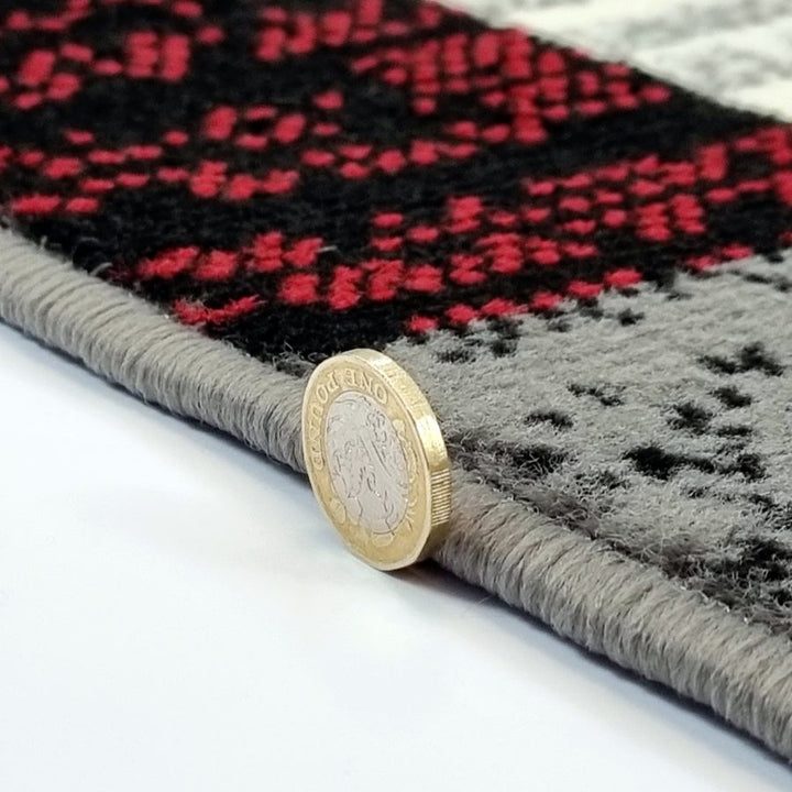 Modern Rug Geometric Red Grey Black Patterned Soft Carpet - TidySpaces