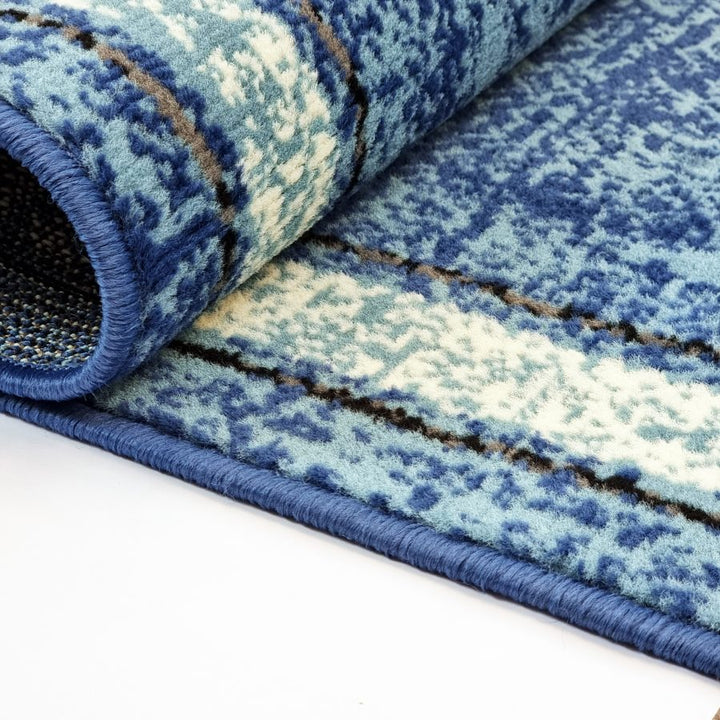 Blue Geometric Rug Bordered Pattern Soft Carpet - TidySpaces