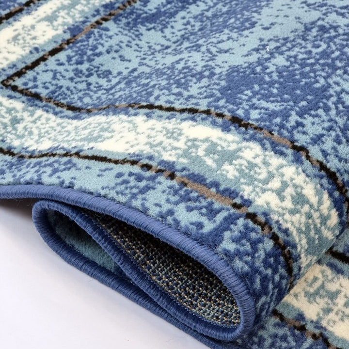 Blue Geometric Rug Bordered Pattern Soft Carpet - TidySpaces