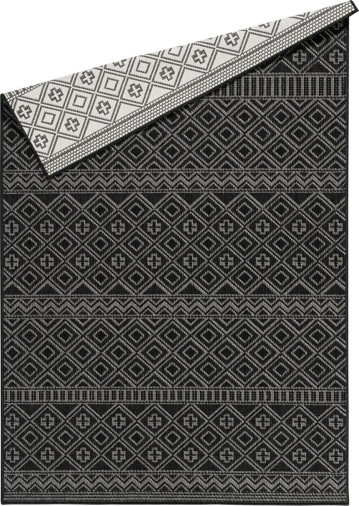 Outdoor Indoor Rug Black White Cream Reversible Quality Mat Diamond Geometric Design - TidySpaces