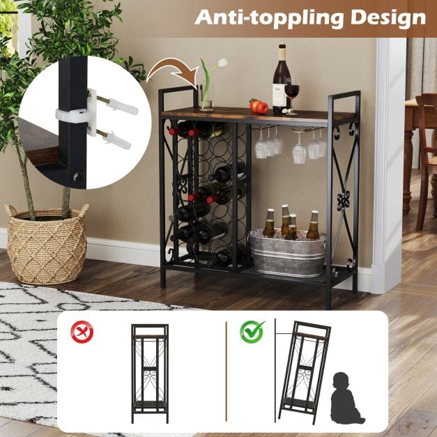 21 Bottle Wine Rack Freestanding with Glass Holder and Wooden Countertop-Rustic Brown