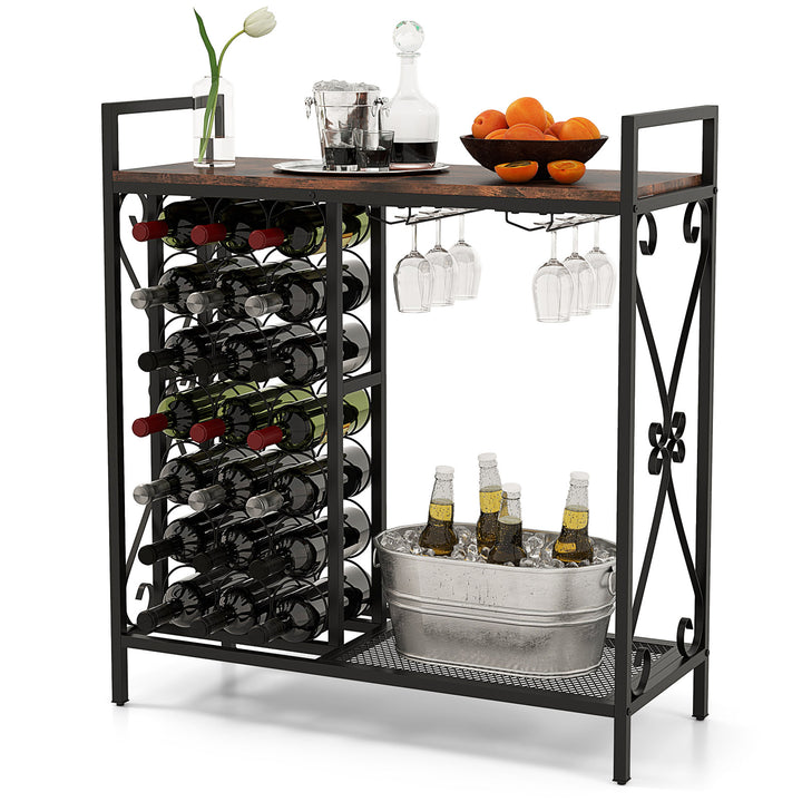21 Bottle Wine Rack Freestanding with Glass Holder and Wooden Countertop-Rustic Brown