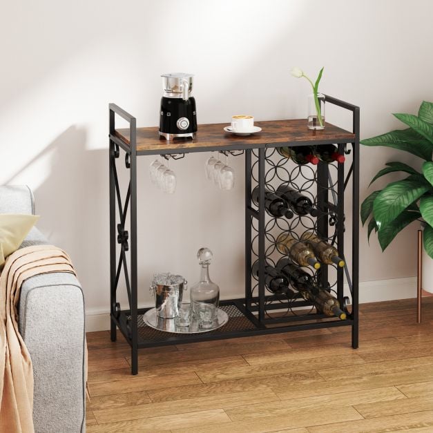 21 Bottle Wine Rack Freestanding with Glass Holder and Wooden Countertop-Rustic Brown
