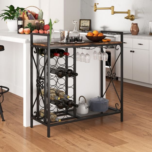 21 Bottle Wine Rack Freestanding with Glass Holder and Wooden Countertop-Rustic Brown