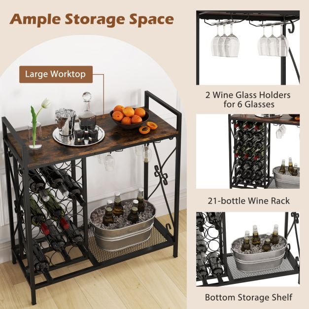21 Bottle Wine Rack Freestanding with Glass Holder and Wooden Countertop-Rustic Brown
