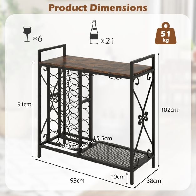 21 Bottle Wine Rack Freestanding with Glass Holder and Wooden Countertop-Rustic Brown