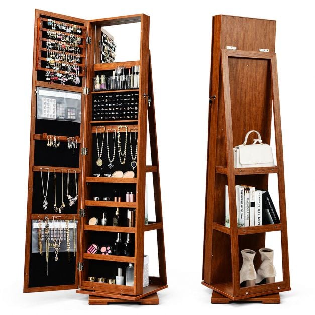 Full Length Mirrored Jewellery Cabinet Rotates 360° with Display Shelves - TidySpaces