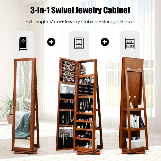Full Length Mirrored Jewellery Cabinet Rotates 360° with Display Shelves - TidySpaces