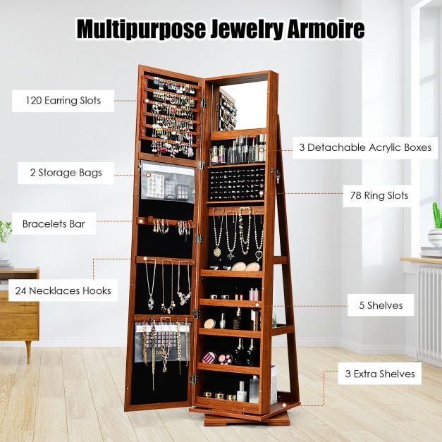 Full Length Mirrored Jewellery Cabinet Rotates 360° with Display Shelves - TidySpaces