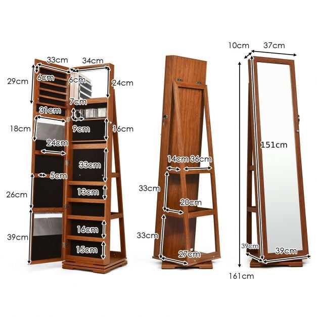 Full Length Mirrored Jewellery Cabinet Rotates 360° with Display Shelves - TidySpaces