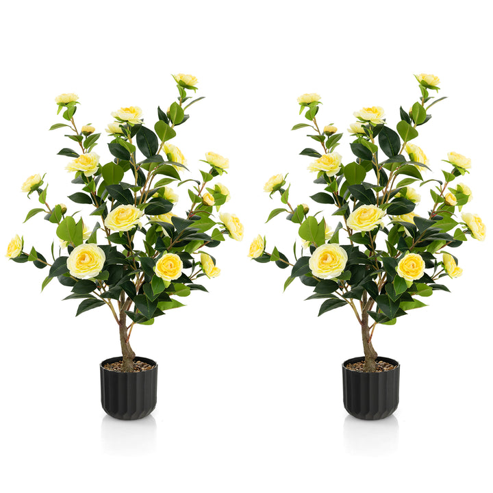 95cm Artificial Camellia Tree with Flowers and Rain-Flower Pebbles Yellow-2 Pieces - TidySpaces