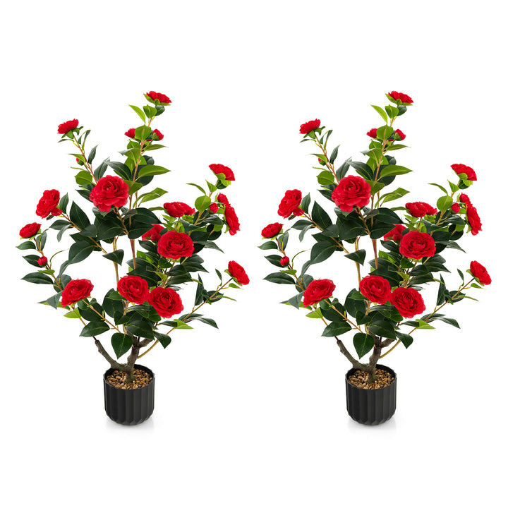95cm Artificial Camellia Tree with Flowers and Rain-Flower Pebbles Red-2 Pieces - TidySpaces