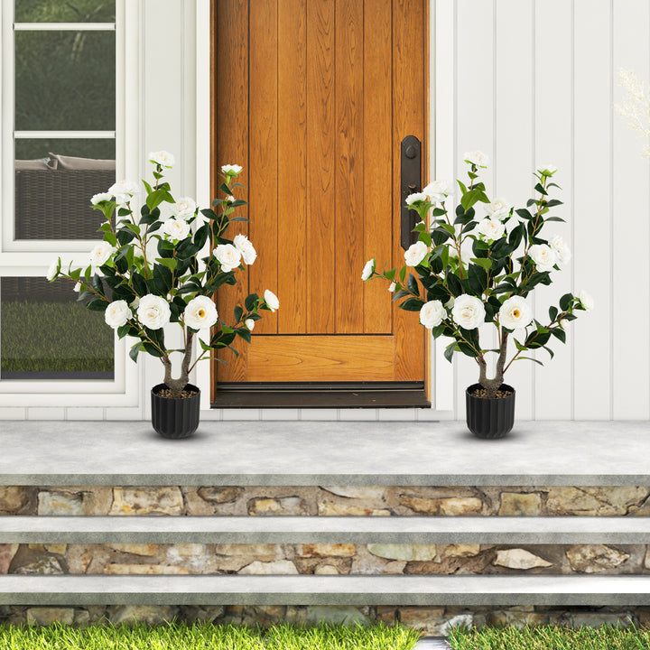 95cm Artificial Camellia Tree with Flowers and Rain-Flower Pebbles - TidySpaces
