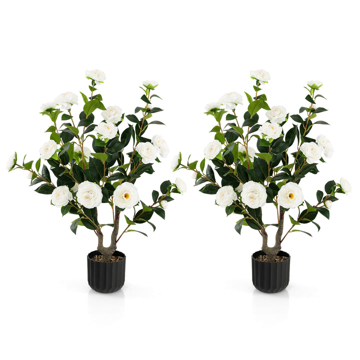 95cm Artificial Camellia Tree with Flowers and Rain-Flower Pebbles White-2 Pieces - TidySpaces
