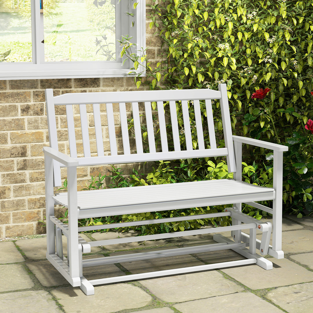 2 Seats Outdoor Glider Bench with Armrests and Slatted Seat-White - TidySpaces