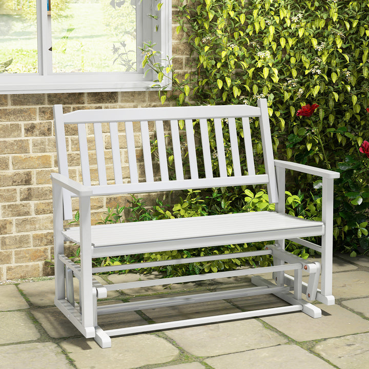 2 Seats Outdoor Glider Bench with Armrests and Slatted Seat-White - TidySpaces